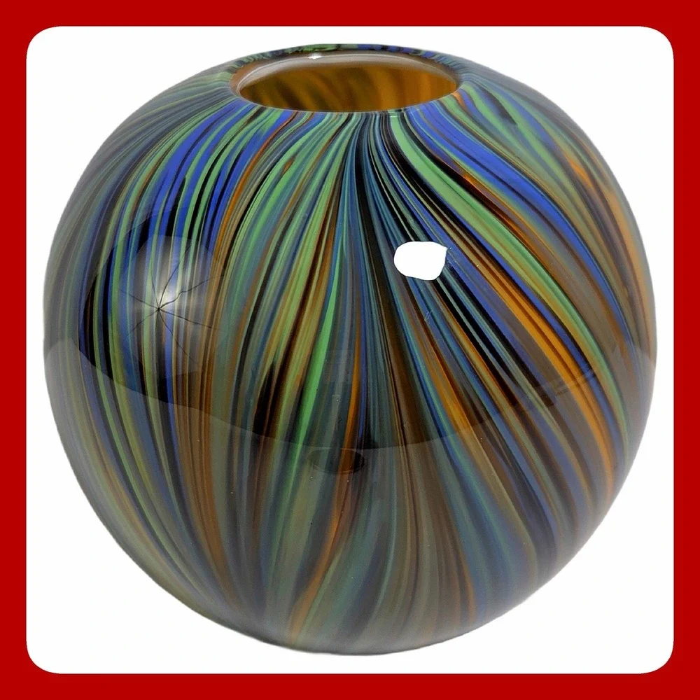 Vintage Hand Blown Art Glass Swirl Sphere Vase Blue Green Amber Feather Orb VTG